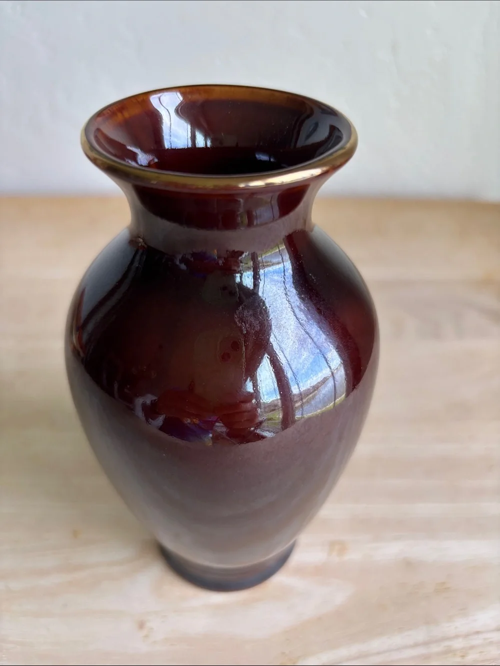 Vintage Japanese Burgundy Ceramic Peacock Accent Vase with Gold Floral Detail
